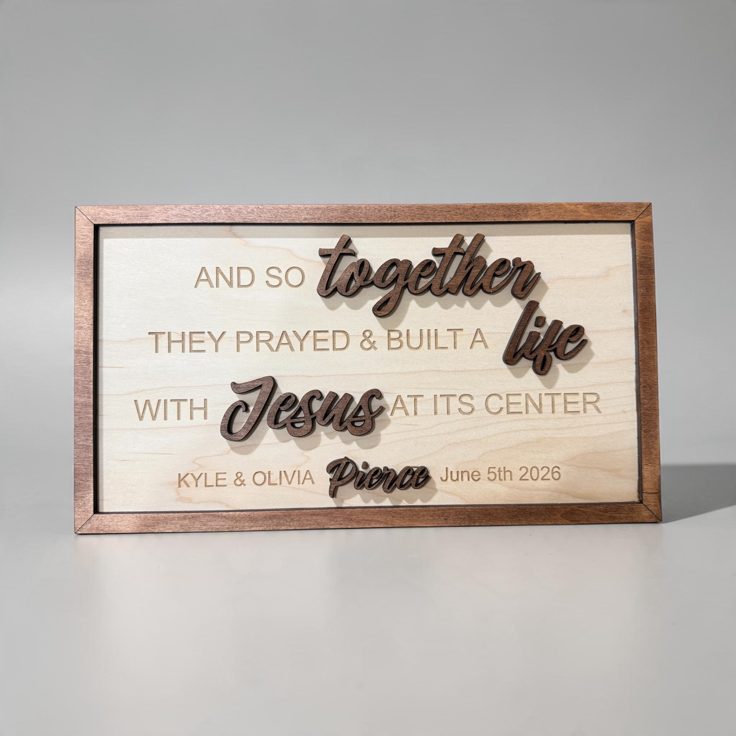 Personalized wooden wedding sign with layered lettering