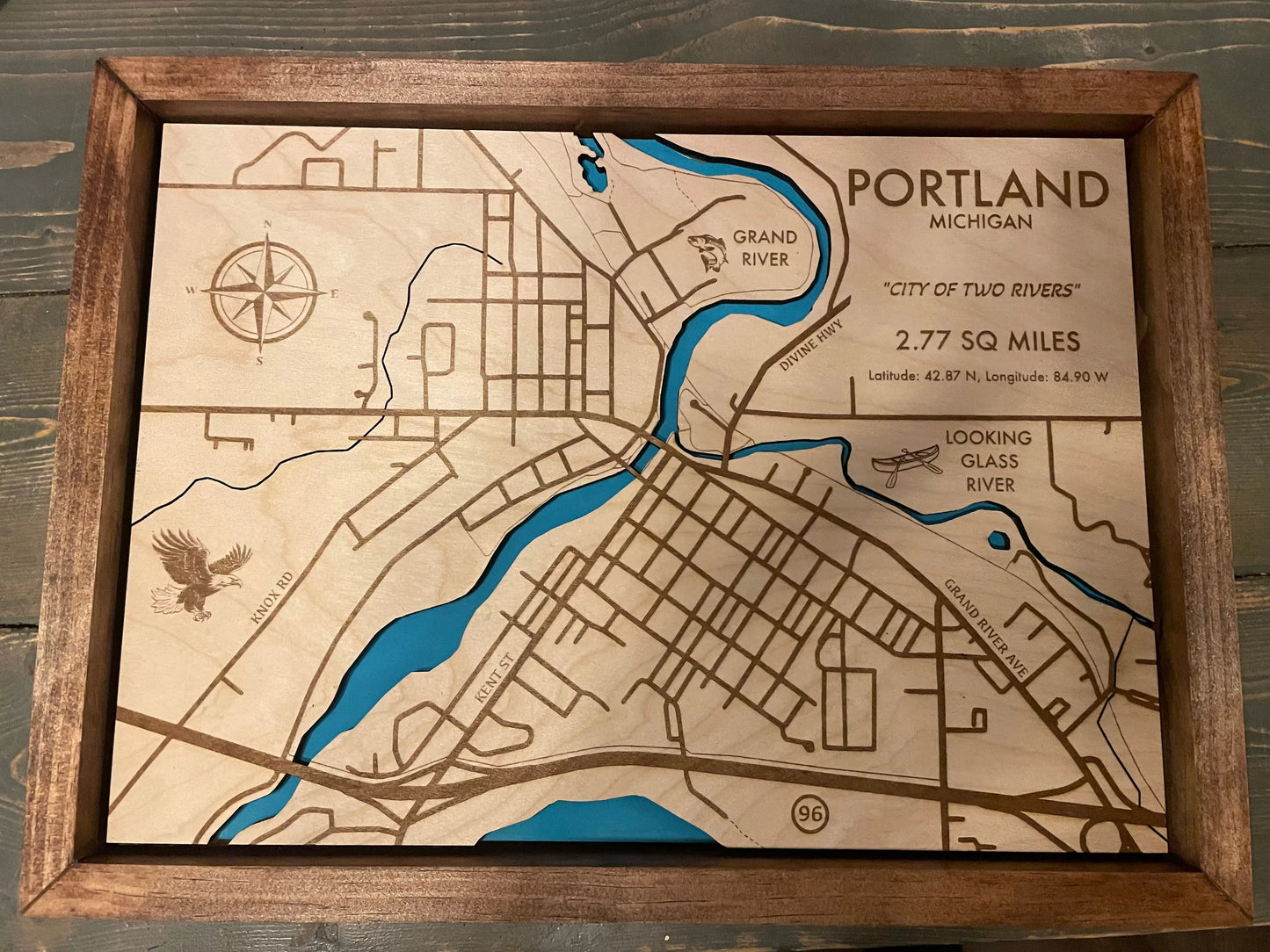 Portland, MI Laser Engraved layered map