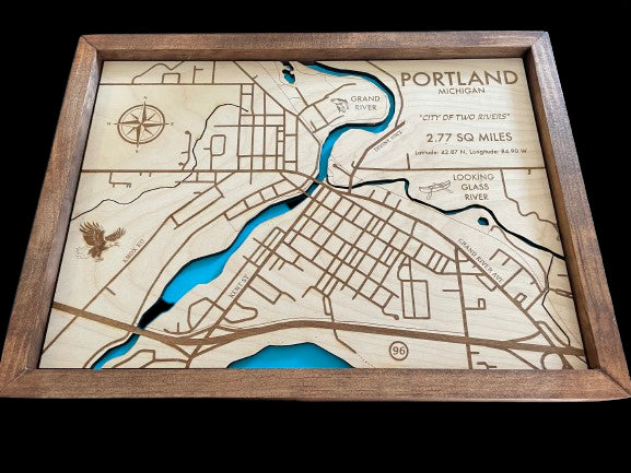 Portland, MI Laser Engraved layered map